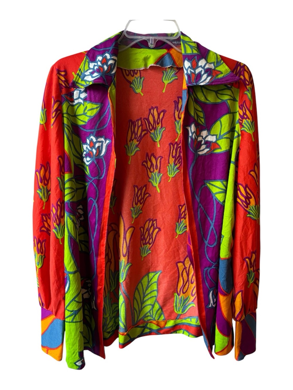 Vintage 60s 70s Vibrant Floral Shirt Cardigan Collar in Red, Purple & Lime